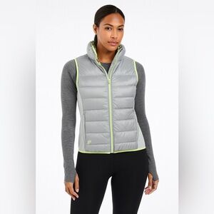 NWOT Fabletics Gray Quilted Puffer Vest Neon Trim Leopard Print Lining, Size S